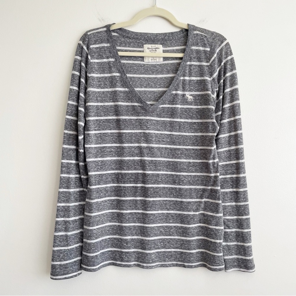 Y2K Abercrombie Fitch striped v neck moose logo long sleeve tee shirt deep v L